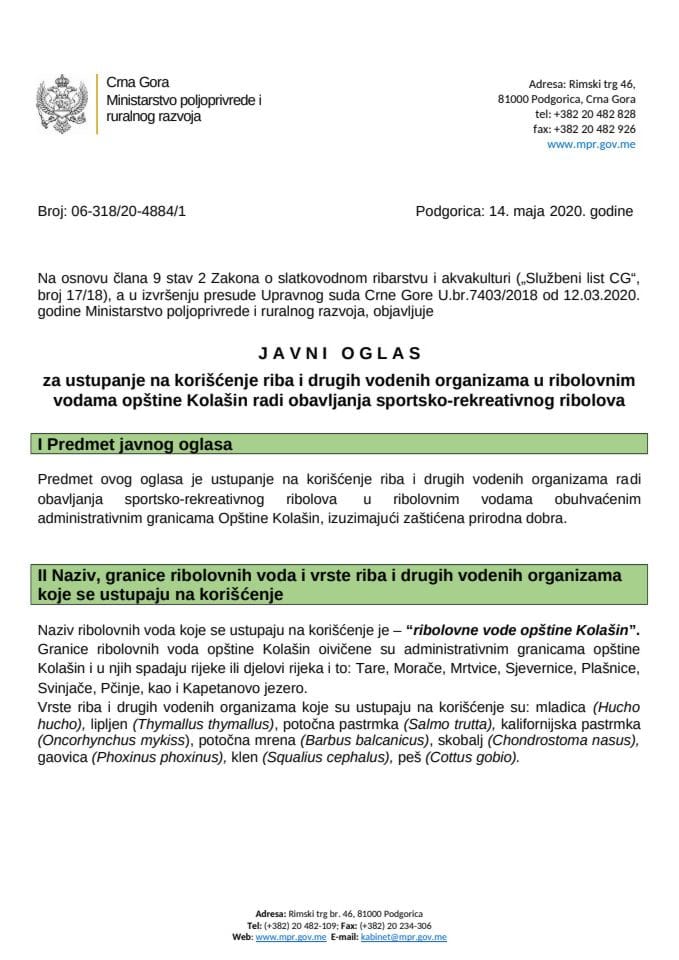 Javni oglas za ustupanje ribolovnih voda na korišćenje Kolašin 