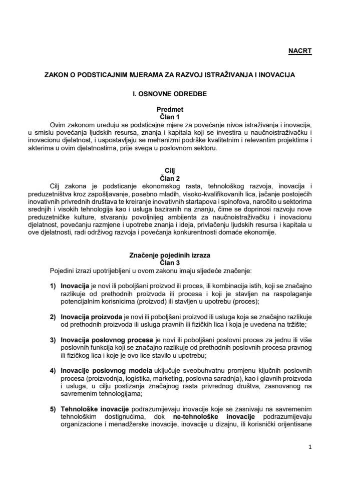 Нацрт Закона о подстицајним мјерама за ИР - 14.05.2020