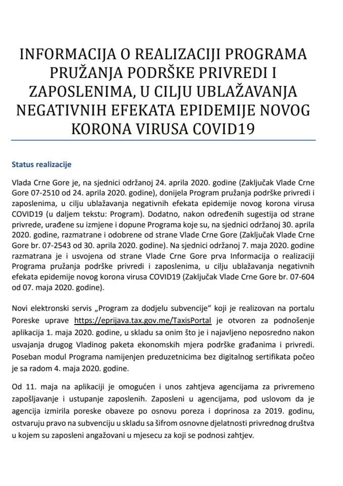 Informacija o realizaciji Programa pružanja podrške privredi i zaposlenima, u cilju ublažavanja negativnih efekata epidemije novog korona virusa COVID 19	