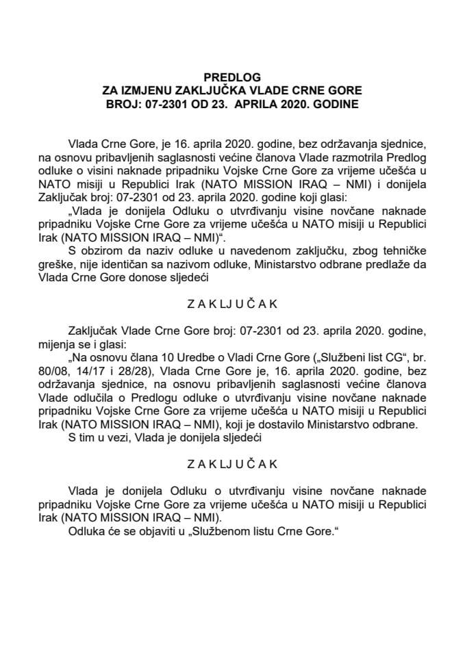 Предлог за измјену Закључка Владе Црне Горе, број: 07-2301, од 23. априла 2020. године 	