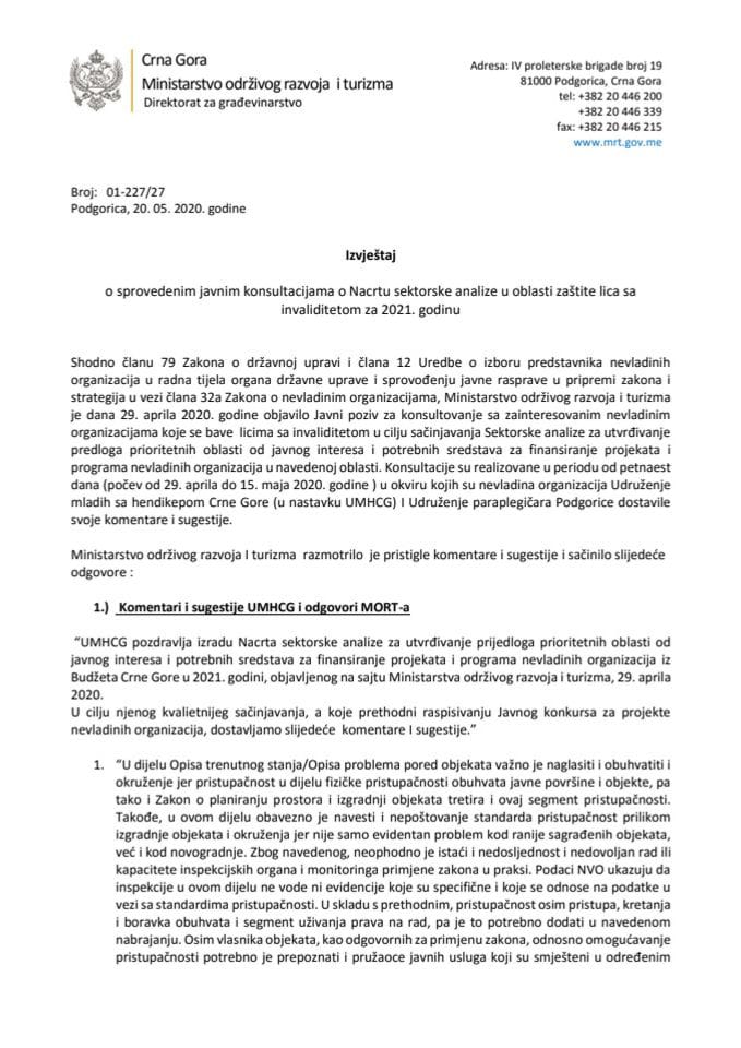 Izvještaj o sprovedenim javnim konsultacijama o Nacrtu sektorske analize u oblasti zaštite lica sa invaliditetom za 2021. godinu