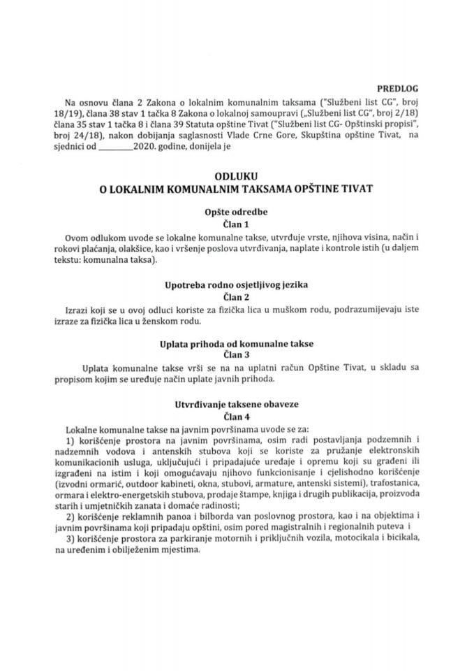 Predlog odluke o lokalnim komunalnim taksama opštine Tivat (bez rasprave)