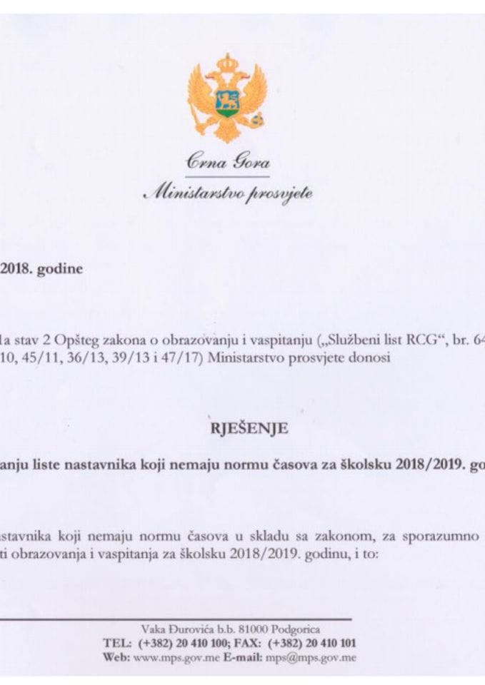 Rješenje o utvrđivanju liste nastavnika koji nemaju normu časova za školsku 2018-2019