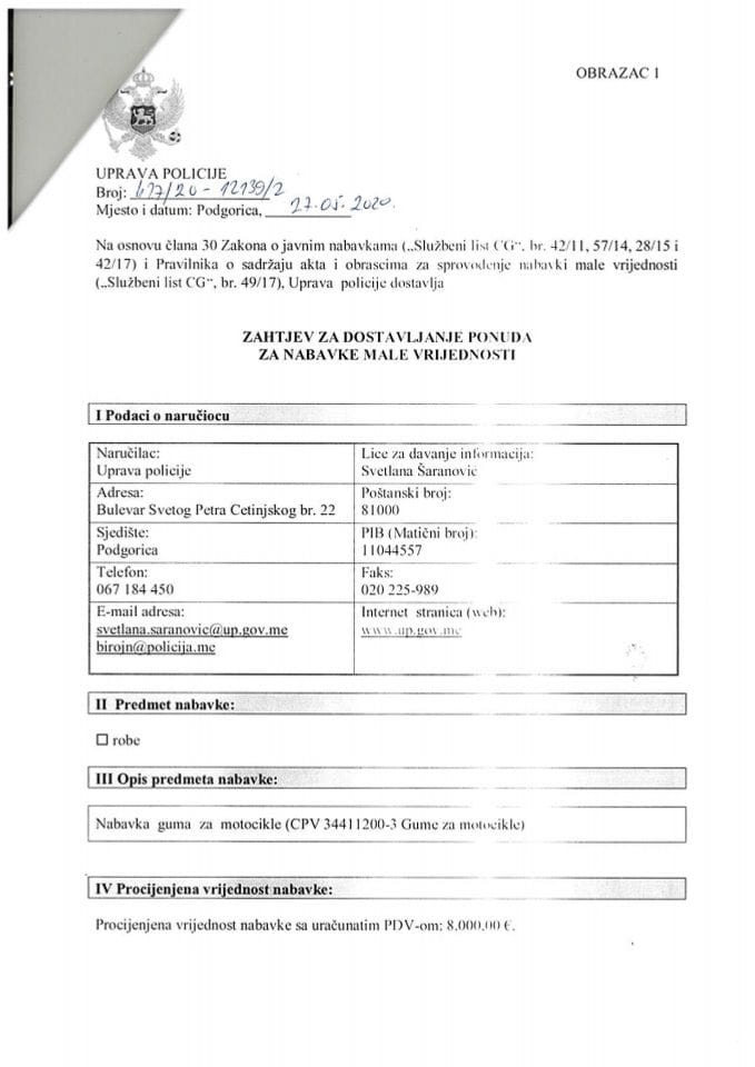 Zahtjev za dostavljanje ponuda za nabavke male vrijednosti broj 427/20-12139/2 od 27.05.2020.