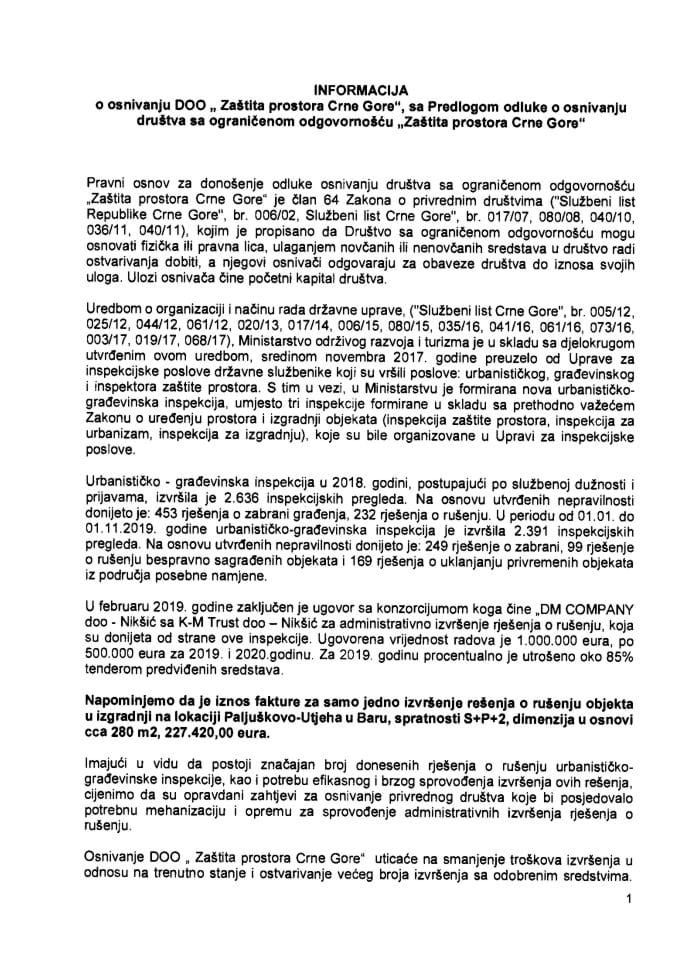 Информација о оснивању Друштва са ограниченом одговорношћу "Заштита простора Црне Горе" с Предлогом одлуке о оснивању