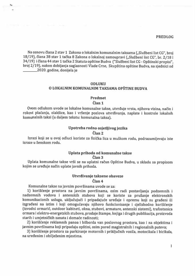 Predlog odluke o lokalnim komunalnim taksama Opštine Budva (bez rasprave)