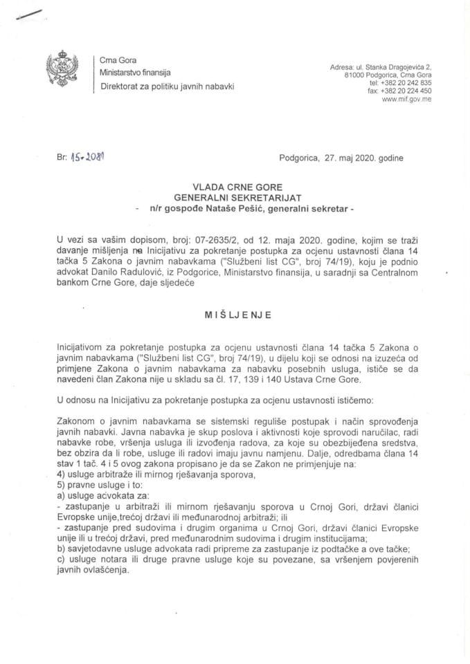 Predlog mišljenja na Inicijativu za pokretanje postupka za ocjenu ustavnosti odredbe člana 14 tačka 5 Zakona o javnim nabavkama ("Službeni list CG", broj 74/19), koju je podnio Danilo Radulović, advok