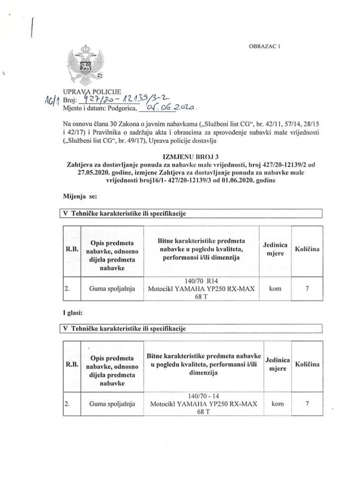 Izmjena broj 3 Zahtjeva za dostavljanje ponuda za nabavke male vrijednosti