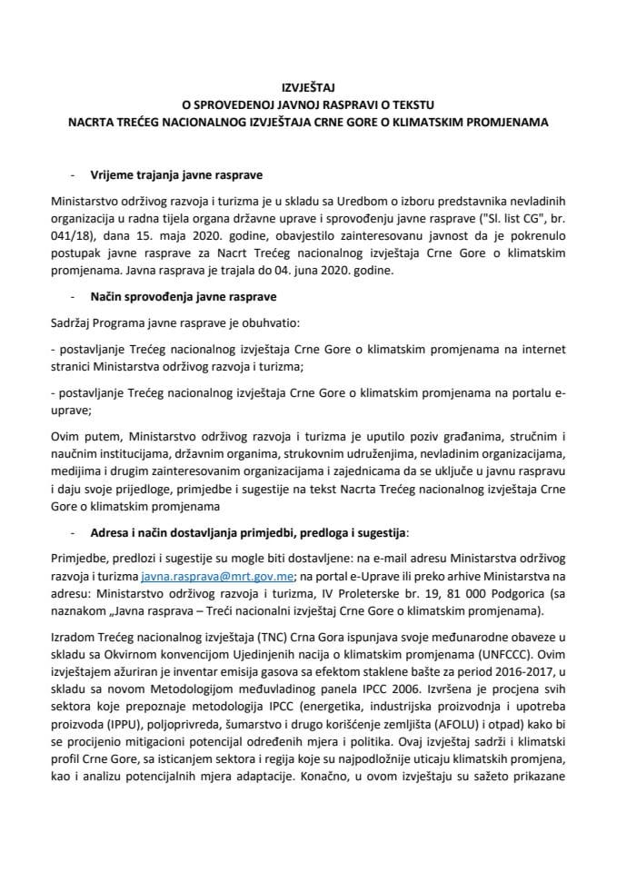 Извјештај о спроведеној Јавној расправи о тексту Нацрта трећег националног извјештаја Црне Горе о климатским промјенама