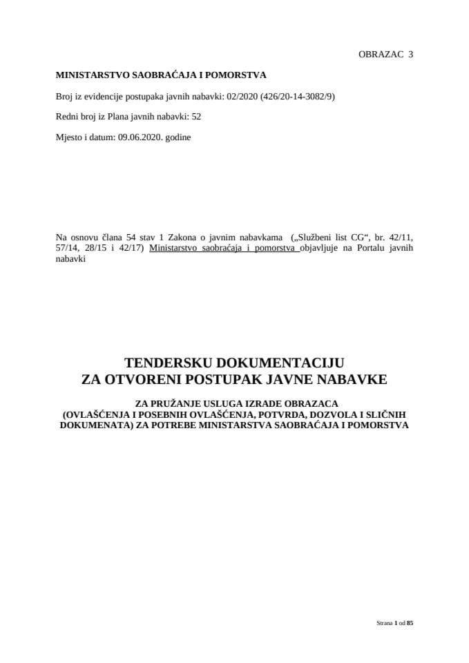 TENDERSKA DOKUMENTACIJA ZA OTVORENI POSTUPAK JAVNE NABAVKE 