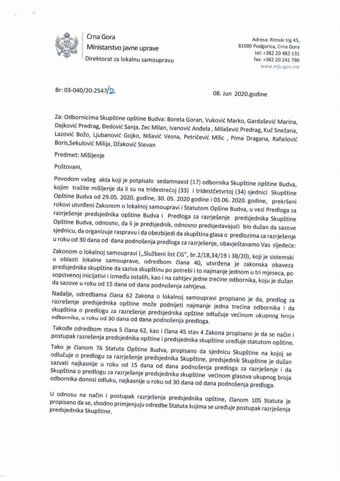 Mišljenje- odgovor na zahtjev odbornika opštine Budva.