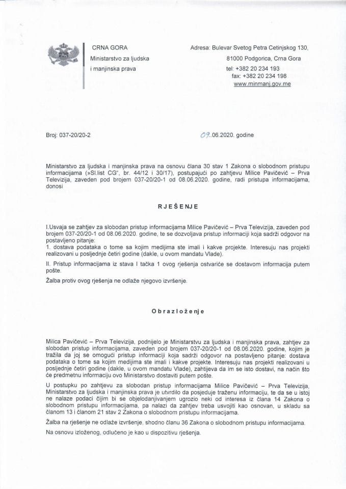 Zahtjev za slobodan pristup informacijama Milica Pavićević TV PRVA br.037-20/20-1, rješenje br. 037-20/20-2 i odgovor br. 037-20/20-3