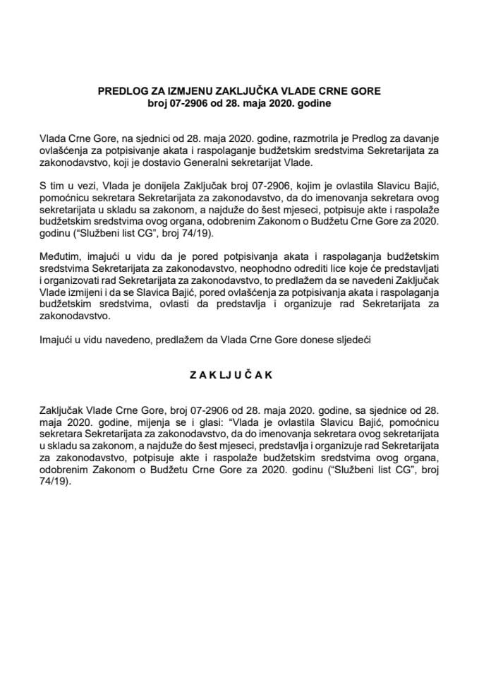 Predlog za izmjenu Zaključka Vlade Crne Gore, broj: 07-2906, sa sjednice od 28. maja 2020. godine
