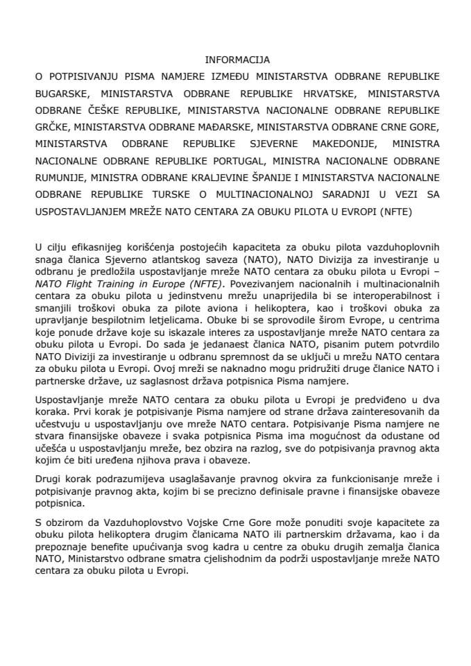 Informacija o potpisivanju Pisma namjere između Ministarstva odbrane Republike Bugarske, Ministarstva odbrane Republike Hrvatske, Ministarstva odbrane Češke Republike, Ministarstva nacionalne odbrane 