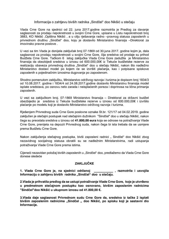 Informacija o zahtjevu bivših radnika "Sindčel" doo Nikšić u stečaju