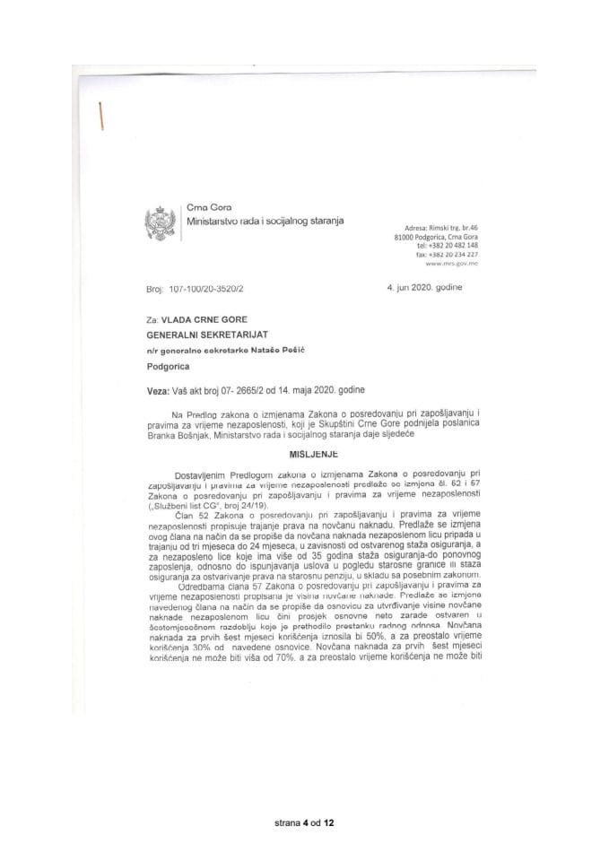 Predlog mišljenja na Predlog zakona o izmjenama Zakona o posredovanju pri zapošljavanju i pravima za vrijeme nezaposlenosti (predlagač poslanica dr Branka Bošnjak)