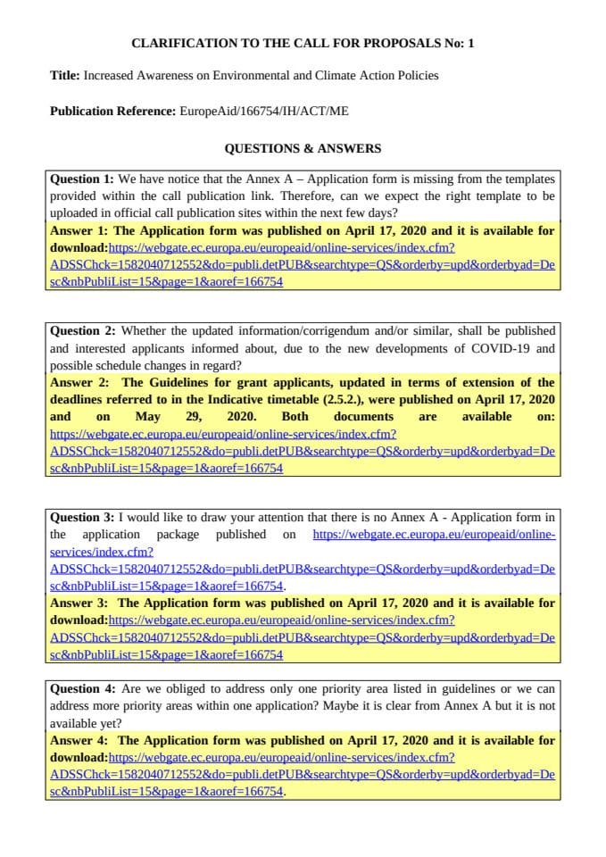 Clarifications to the call for proposals No:1