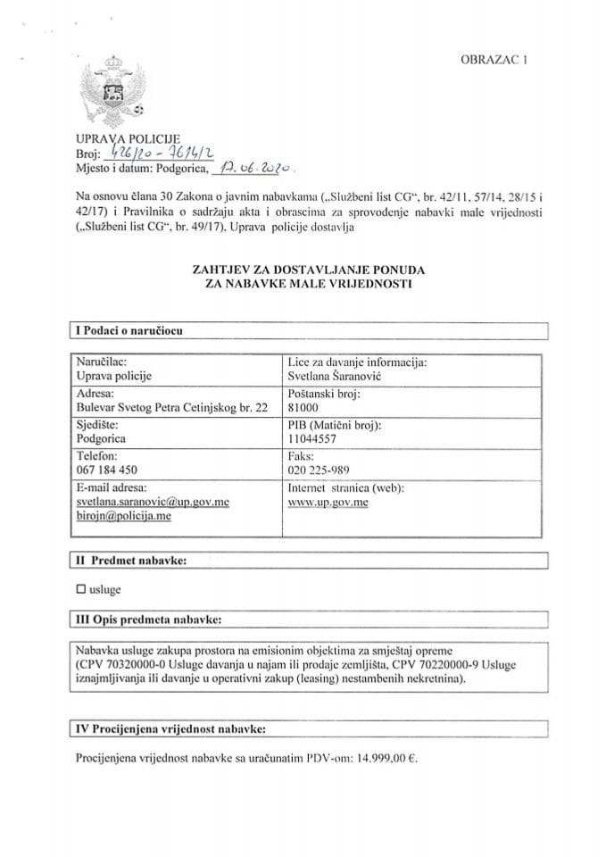 Zahtjev za dostavljanje ponuda za nabavke​ male vrijednosti broj 426/20-7614/2 od 17.06.2020. 