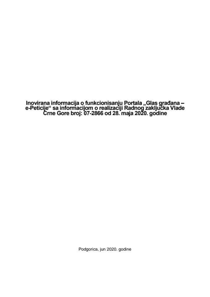 Информација о функционисању портала "Глас грађана – е-Петиције" са Информацијом о реализацији Радног закључка Владе Црне Горе, број: 07-2866, од 28. маја 2020. године