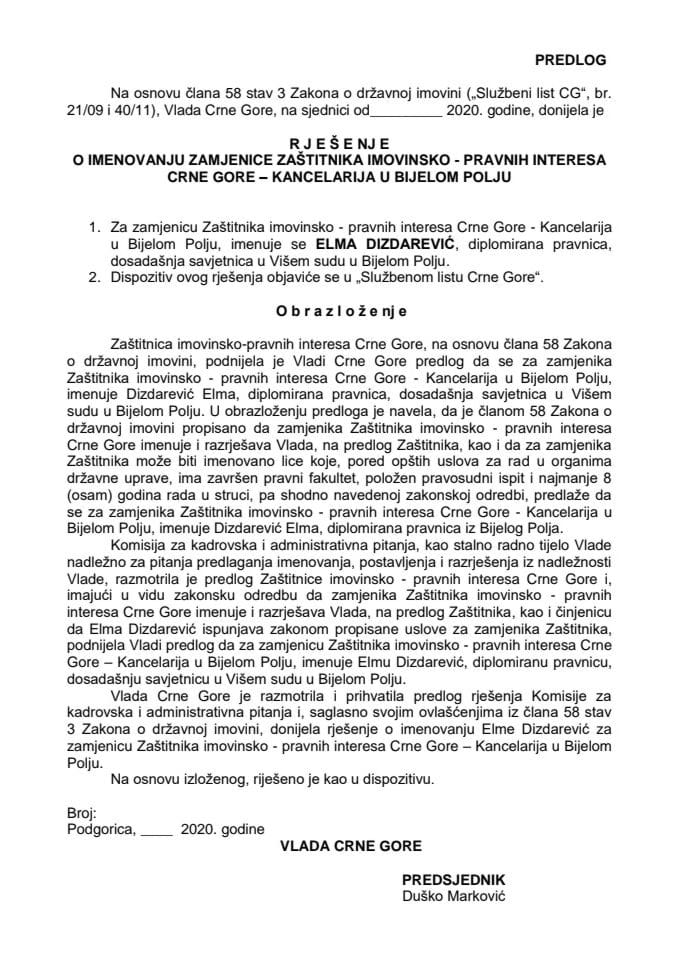 Predlog rješenja o imenovanju zamjenice Zaštitnika imovinsko-pravnih interesa Crne Gore – Kancelarija u Bijelom Polju