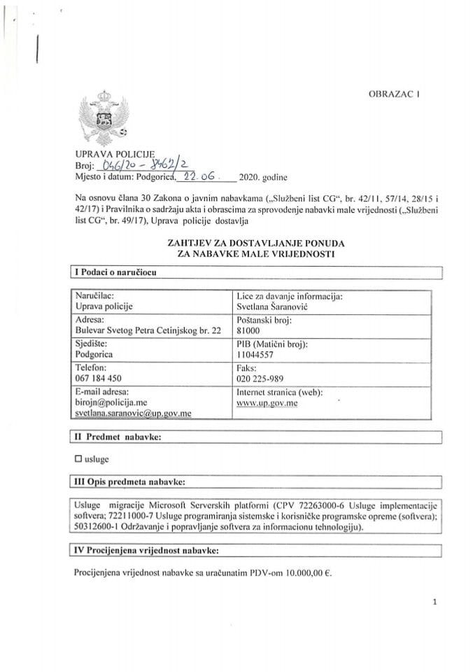 Zahtjev za dostavljanje ponuda za nabavke male vrijednosti broj 046/20-8462/2 od 22.06.2020.