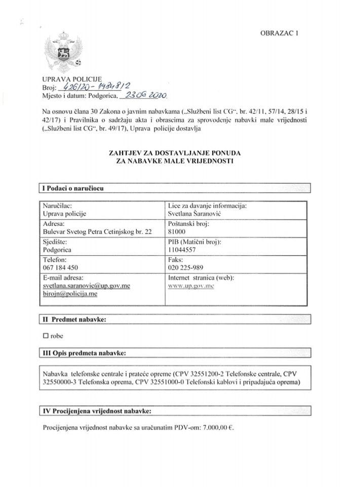 Zahtjev za dostavljanje ponuda za nabavke male vrijednosti