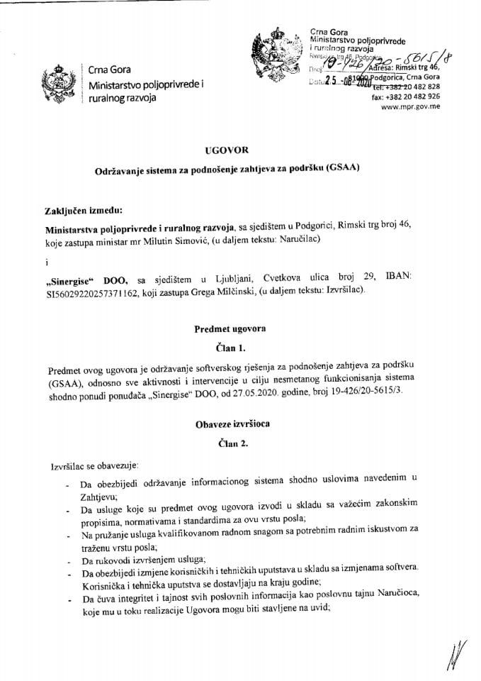 Ugovor za odrzavanje sistema za podnosenje zahtjeva za podrsku (GSAA)