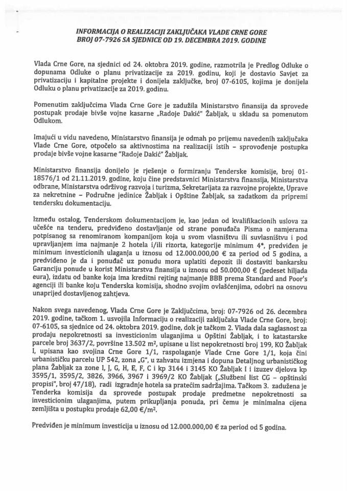 Informacija o realizaciji zaključaka Vlade Crne Gore, broj 07-7926 od 26. decembra 2019.godine sa sjednice od 19.decembra 2019. godine