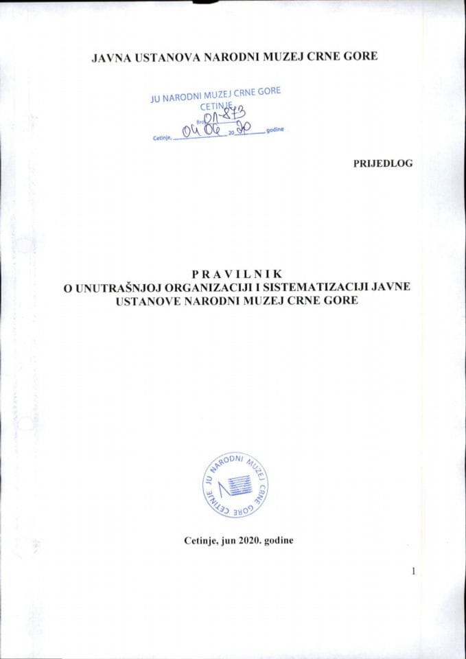 Предлог правилника о унутрашњој организацији и систематизацији ЈУ Народни музеј Црне Горе
