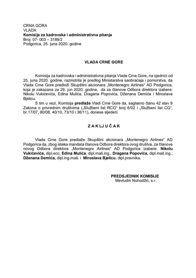 Предлог закључка о избору чланова Одбора директора „Монтенегро Аирлинес“ АД Подгорица