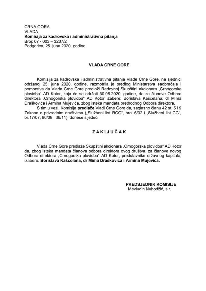 Предлог закључка о избору чланова Одбора директора"Црногорска пловидба" АД Котор
