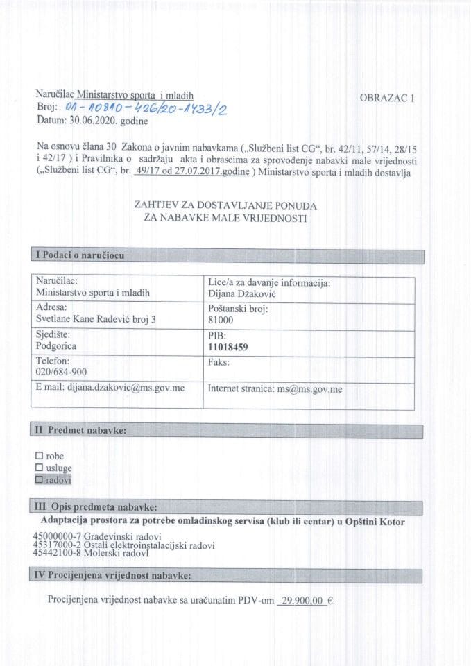 Adaptacija prostora za potrebe omladinskog servisa (klub ili centar) u Opštini Kotor