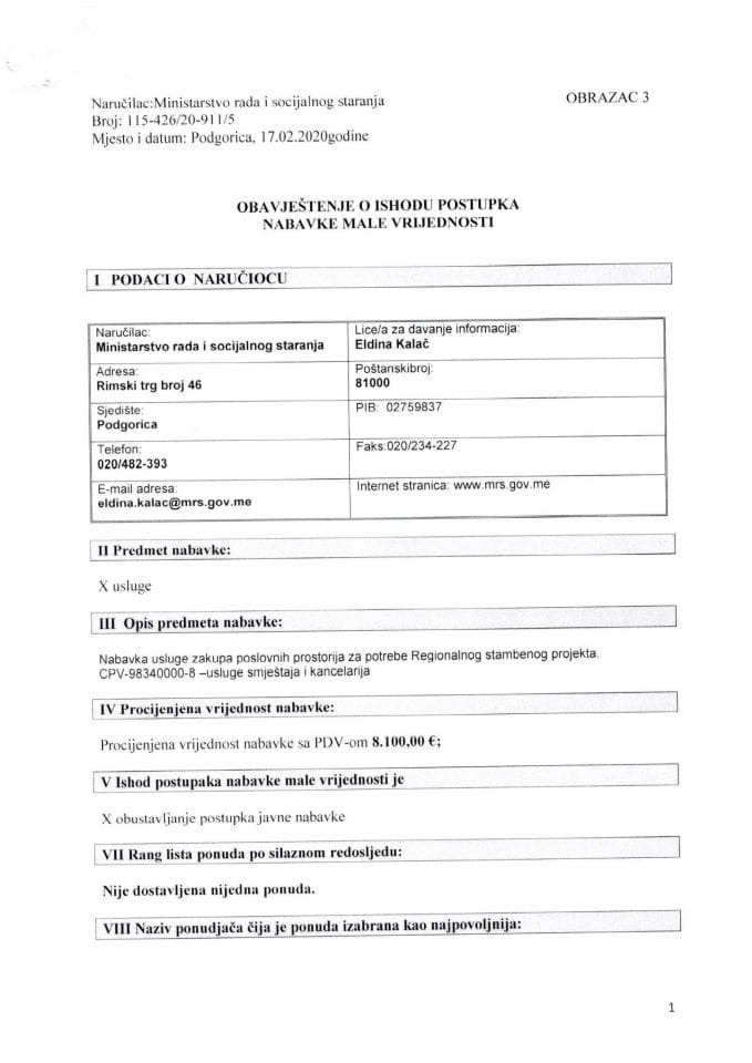 Obavještenje o ishodu postupka nabavke male vrijednosti