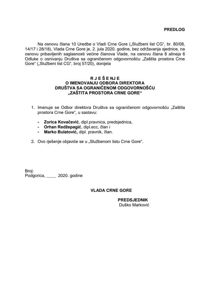 Predlog rješenja o imenovanju Odbora direktora Društva sa ograničenom odgovornošću "Zaštita prostora Crne Gore"