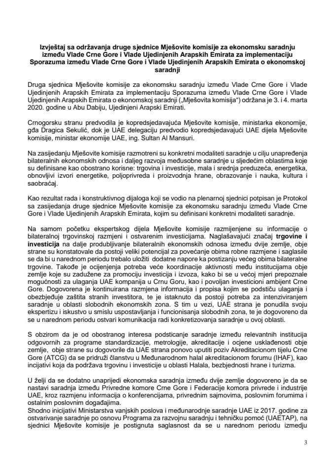 Izvještaj sa održavanja druge sjednica Mješovite komisije za ekonomsku saradnju između Vlade Crne Gore i Vlade Ujedinjenih Arapskih Emirata za implementaciju Sporazuma između Vlade Crne Gore i Vlade U