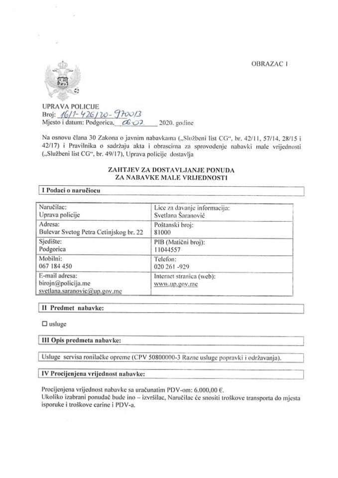 Zahtjev za dostavljanje ponuda za nabavke male vrijednosti-servisiranje ronilačke opreme