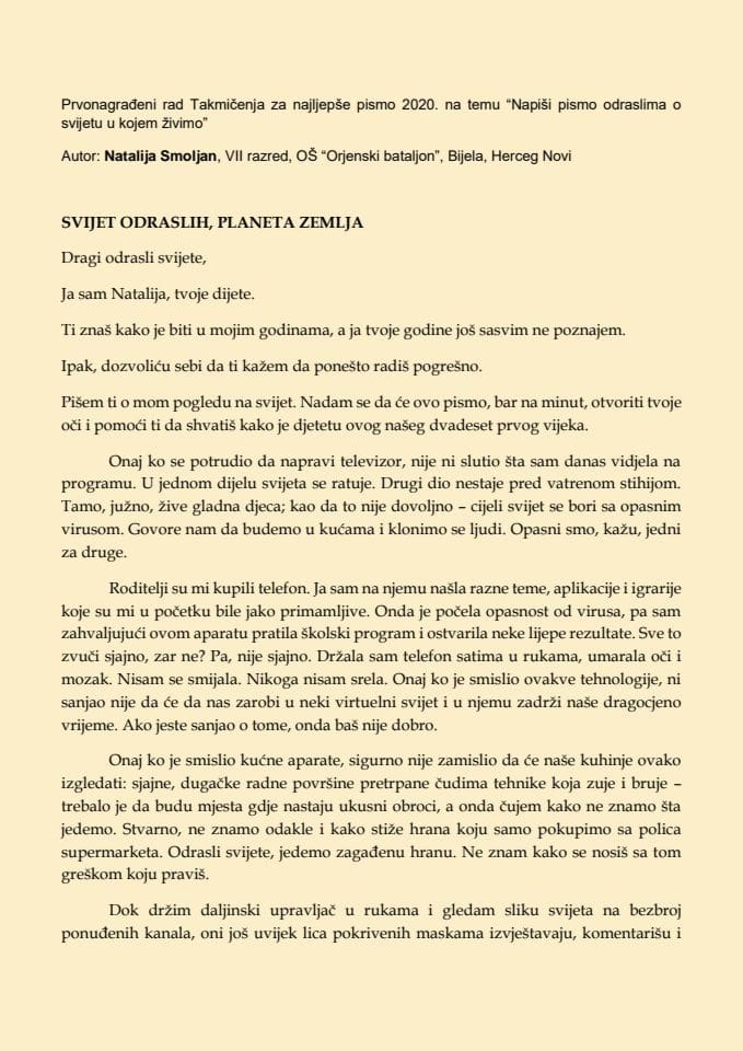 Najbolje pismo Natalija Smoljan