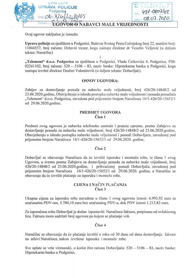 Ugovor o nabavci male vrijednosti-Telemont