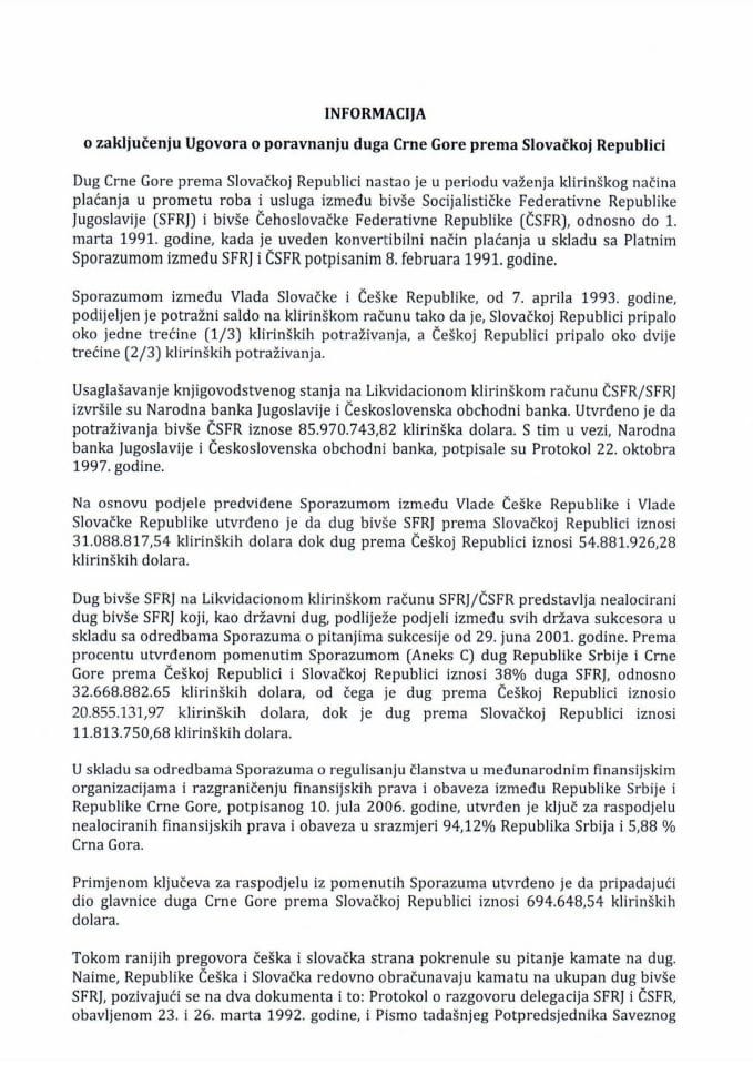 Информација о закључењу Уговора о поравнању дуга Црне Горе према Словачкој Републици с Предлогом уговора
