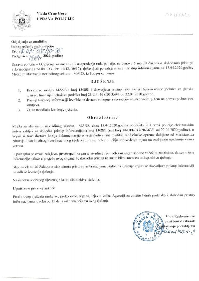 Rješenje Broj 10-UPI-037-20-363 od 23.4.2020.
