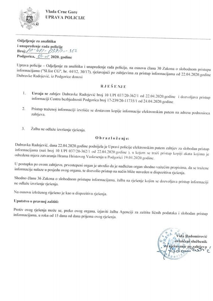 Rješenje Broj 10-UPI-037-20-362 od 4.5.2020.