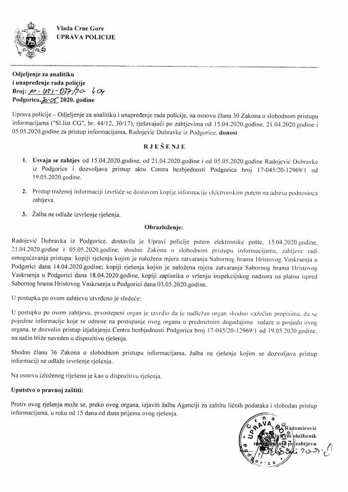Rješenje Broj 10-UPI-038-20-404 od 20.5.2020.