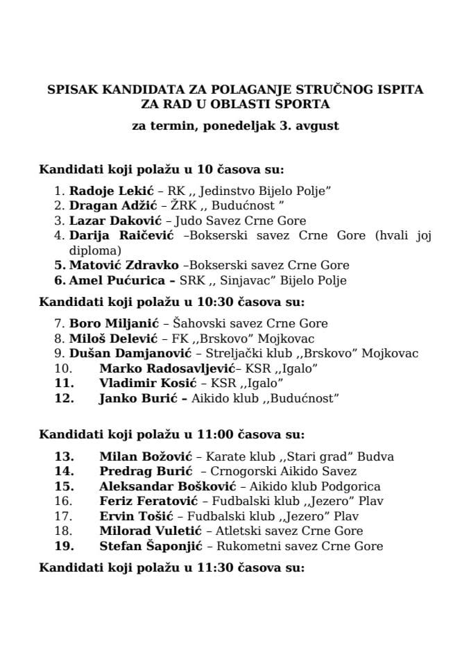 SPISAK KANDIDATA ZA POLAGANJE STRUČNOG ISPITA ZA 3. AVGUST (1)