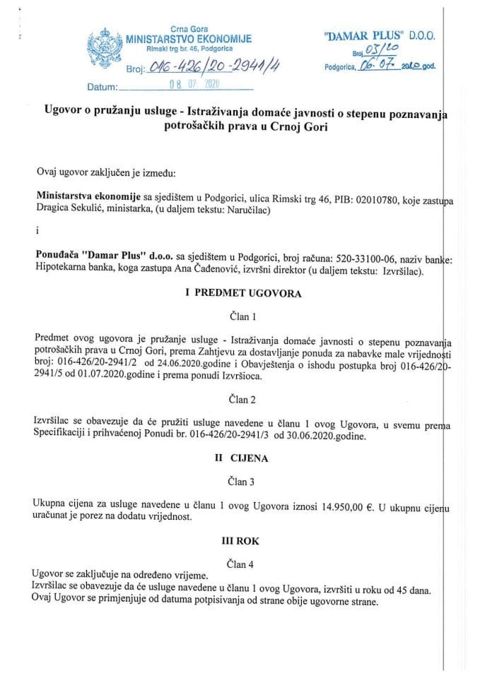 Ugovor za pružanje usluga - Istraživanje domaće javnosti o stepenu poznavanja potrošačkih