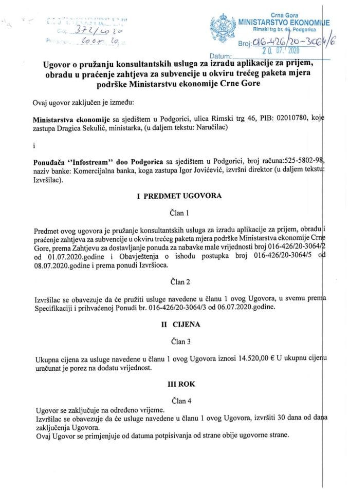 Ugovor za pružanje konsultantskih usluga za izradu aplikacije za prijem, obradu I praćenje zahtjeva za subvencije u okviru trećeg paketa mjera podrške MInistarstva ekonomije