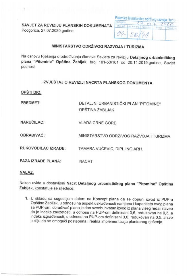 Izvještaj o izvršenoj reviziji Nacrta DUP-a Pitomine, Opština Žabljak