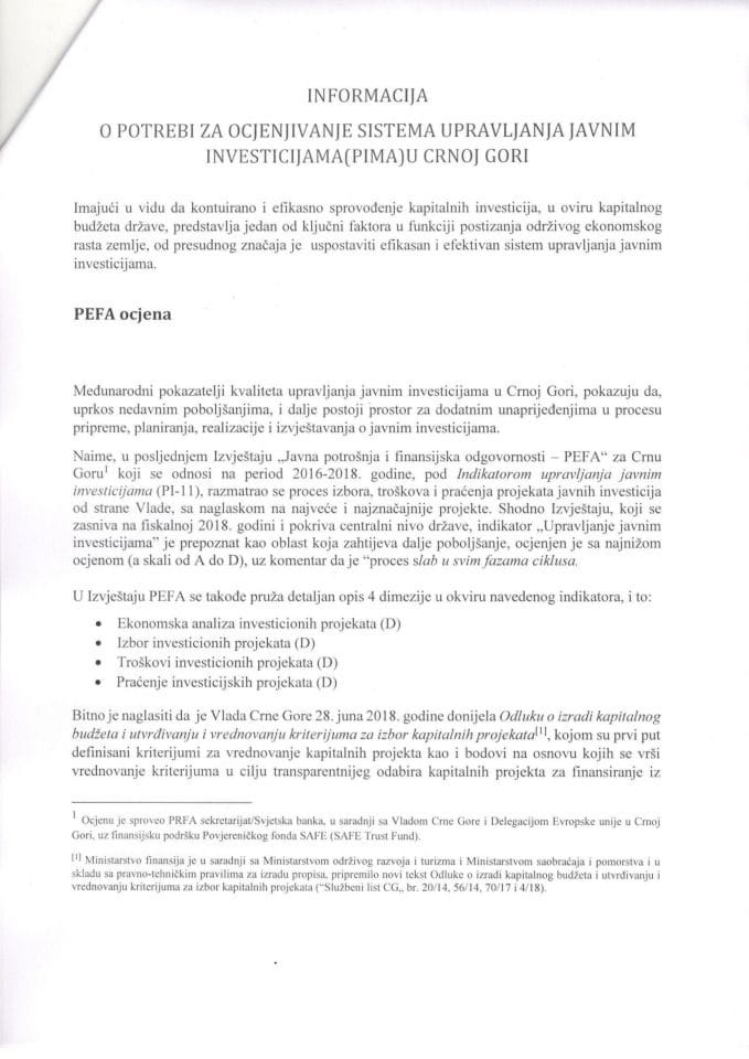 Informacija o potrebi za ocjenjivanje sistema upravljanja javnim investicijama (PIMA) u Crnoj Gori
