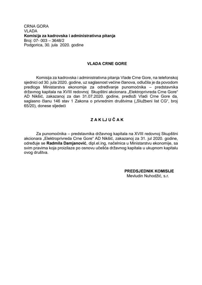 Predlog zaključka o određivanju punomoćnika – predstavnika državnog kapitala na XVIII redovnoj Skupštini akcionara „Elektroprivreda Crne Gore“ AD Nikšić