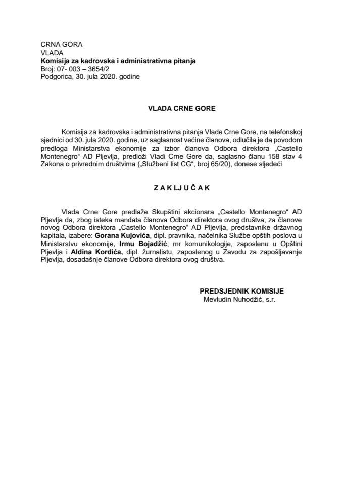 Предлог закључка о избору чланова Одбора директора „Цастелло Монтенегро“ АД Пљевља