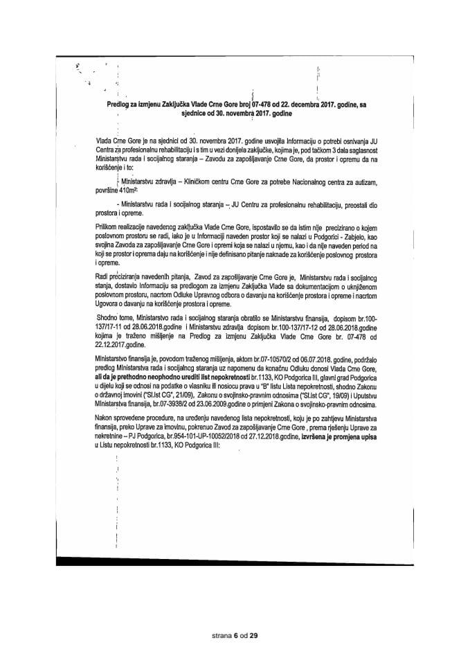 Predlog za izmjenu Zaključka Vlade Crne Gore, broj: 07-478, od 22. decembra 2017. godine, sa sjednice od 30. novembra 2017. godine